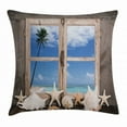 thumbnail image 1 of Beach Decor Throw Pillow Cushion Cover, Summer Holiday wih Seashells Starfish Palm Tree Ocean Print, Decorative Square Accent Pillow Case, 24 X 24 Inches, Light Brown Sky Blue and White, by Ambesonne, 1 of 2