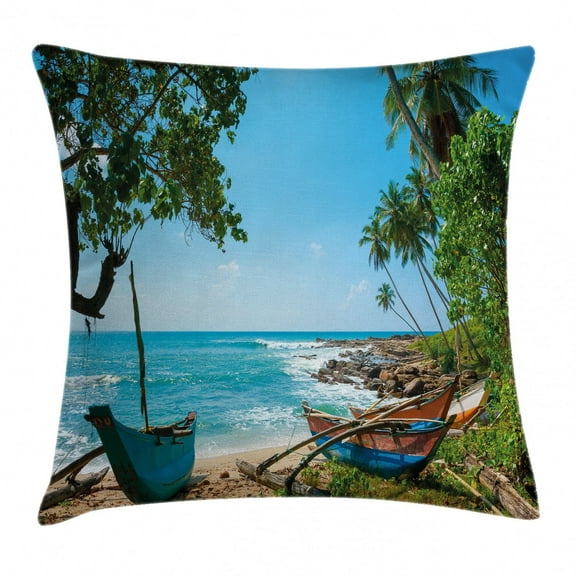 Beach Decor Throw Pillow Cushion Cover, Tropical Ocean Scenery with Palm Trees and Fishing Boats Caribbean Landscape, Decorative Square Accent Pillow Case, 20 X 20 Inches, Green Blue, by Ambesonne