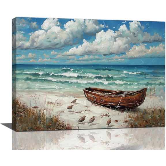 Beach Decor Wall Art Coastal Ocean Waves Boat Pictures Wall Decor Vintage Nature Nautical Canvas Prints Seagull Seascape Artwork Decorations Framed for Bathroon Living Room Bedroom Office 16 x 12 inch