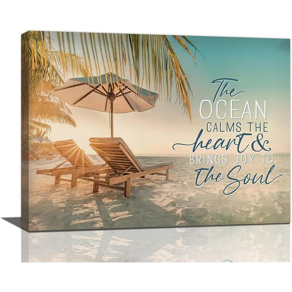 Beach Decor Wall Art Ocean Palm Tree Chair Summer Pictures Wall Decor Canvas Painting Prints Artwork Home Decorations Framed for Bathroom Kitchen Bedroom Living Room 16"x12"