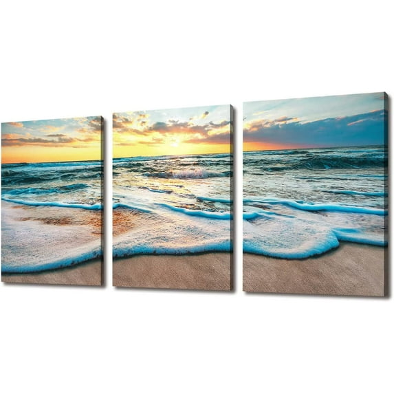 Beach Decorations for Home Ocean Sea Sunset White Beach Paintings - 3 Panel Canvas Print Wall Art Bedroom Coastal Pictures for Living Room Bathroom Wall Decor Artwork for Office Decor 12x16inchx3pcs