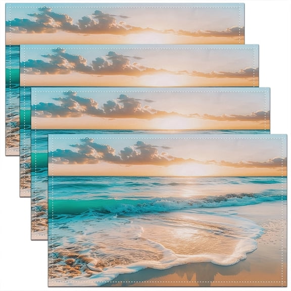 Beach Design Placemats 4pcs Set, Marine And Nature Themed, Machine Washable - Perfect for Home Decor, Kitchen Tables, Rvs And Themed Parties, Measuring 12X18 Inches