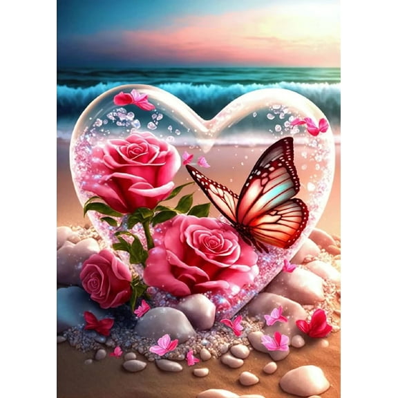 Beach Diamond Art Kits for Adults, Flowers Heart Diamond Art Kits, 5D DIY Full Drill Seaside Butterflies Paint with Diamonds, Crystal Gem Art for Home Decor 12 x 16 Inch