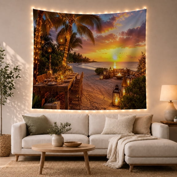 Beach Dinner Table at Sunset with Palm Trees and String Lights, Cozy Coastal for Ocean Lovers, Tropical Beach Wall Art, Housewarming Gift, Tapestry Wall Hanging for Living Room and Bedroom