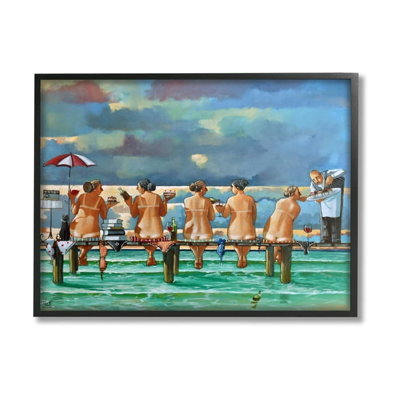Beach Dock Women Summer Fun Coastal Painting Black Framed Art Print Wall Art