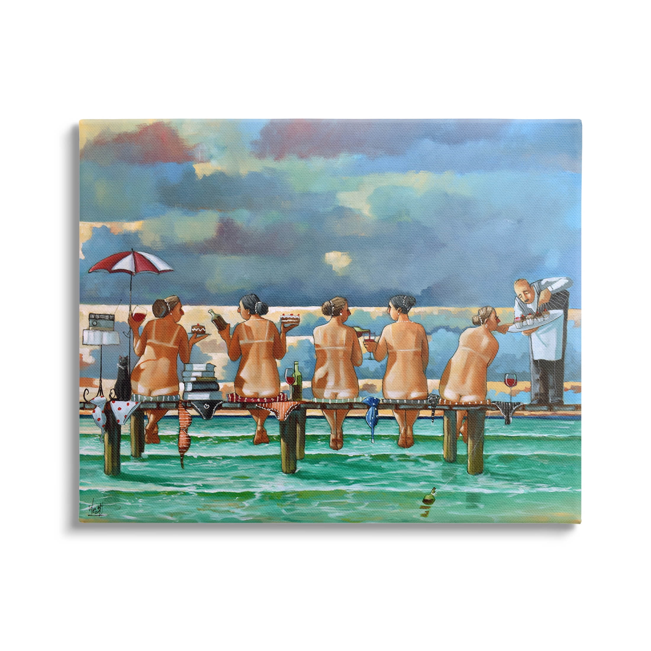 Beach Dock Women Summer Fun Coastal Painting Gallery Wrapped Canvas Print Wall Art
