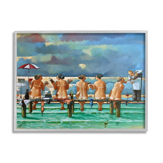 Beach Dock Women Summer Fun Coastal Painting Gray Framed Art Print Wall Art