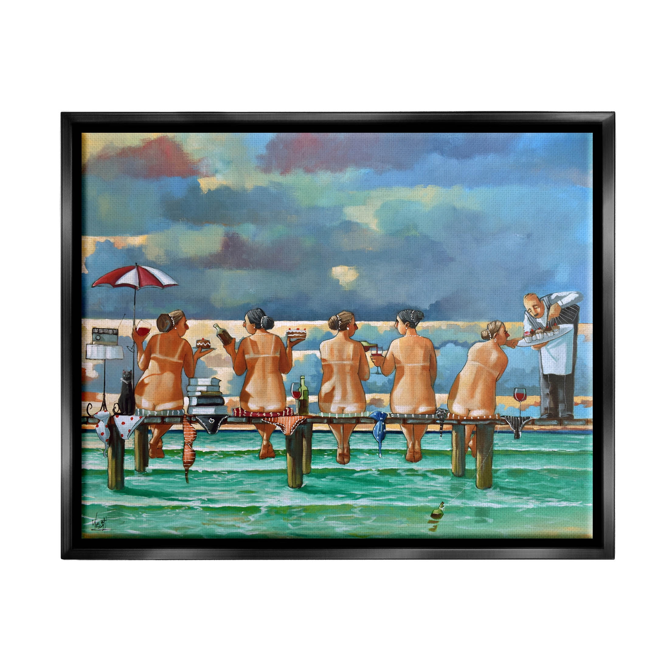 Beach Dock Women Summer Fun Coastal Painting Jet Black Framed Art Print Wall Art