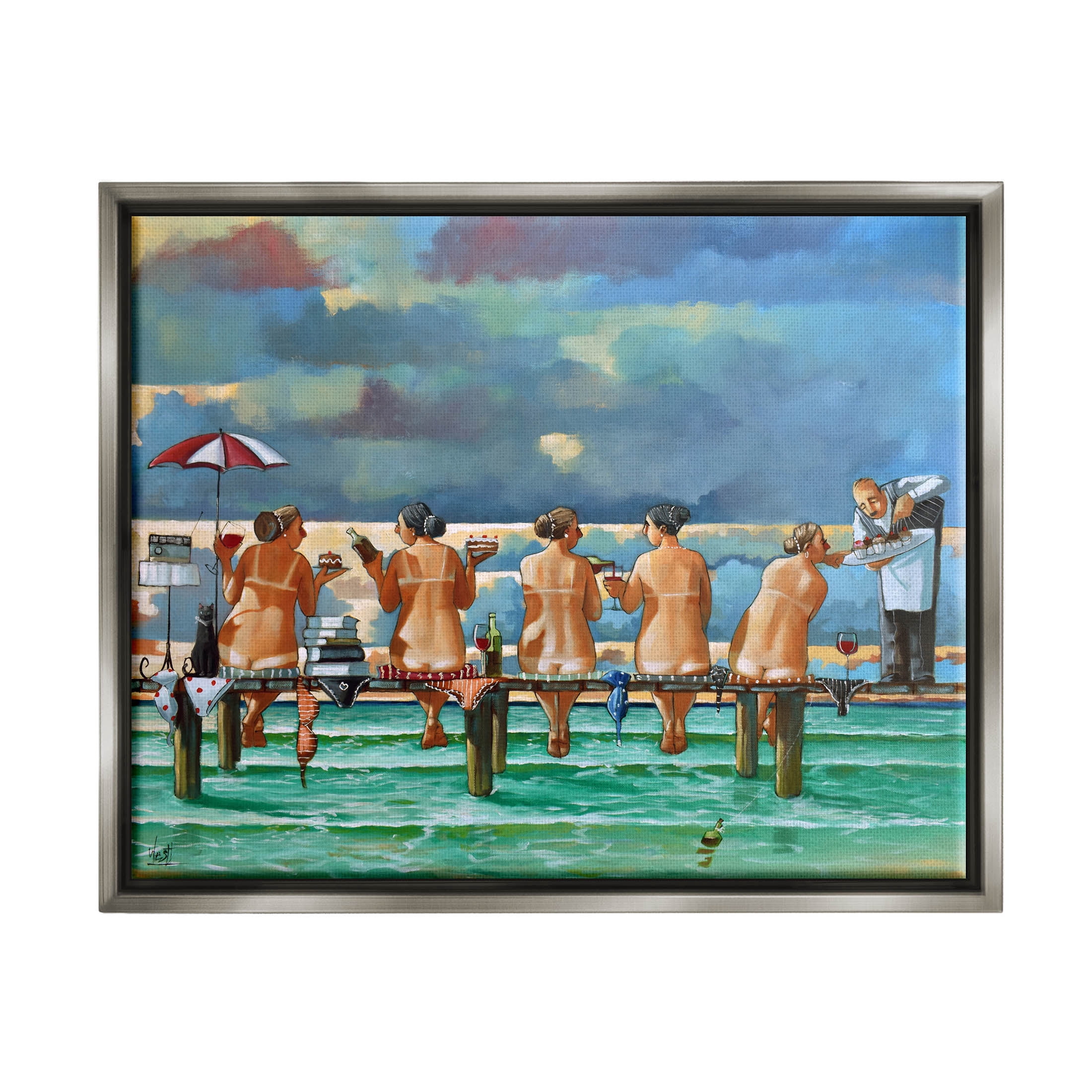 Beach Dock Women Summer Fun Coastal Painting Luster Gray Framed Art Print Wall Art