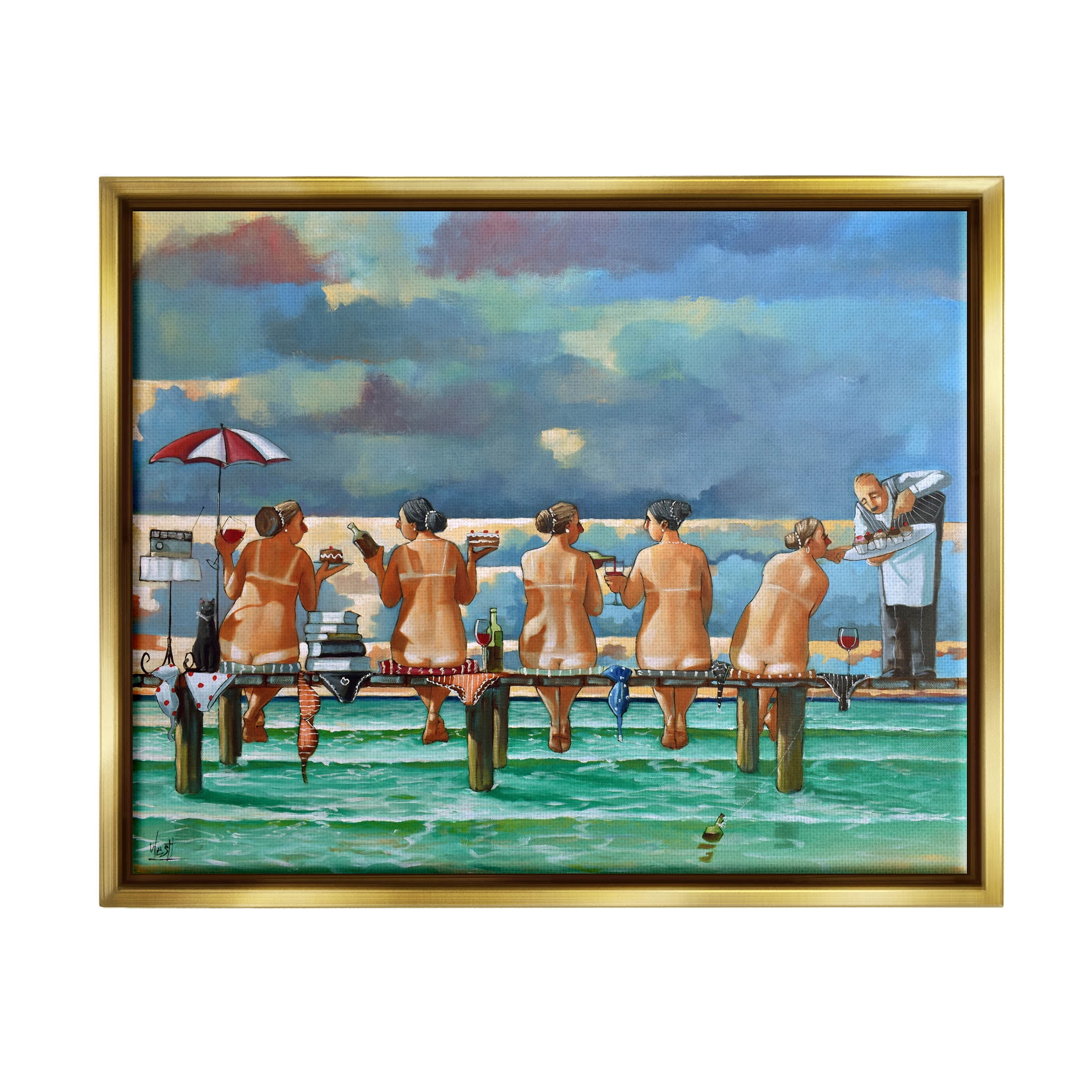 Beach Dock Women Summer Fun Coastal Painting Metallic Gold Framed Art Print Wall Art