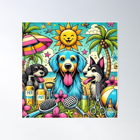 Beach Dog Grooming Cartoon – Summer Fun Pet Care For Dog Lovers Poster Wall Art, Modern Wall Decor, 24x24 UNFRAMED