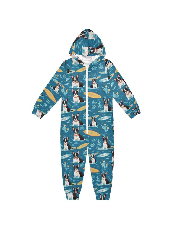 Beach Dog Surfing One Piece Pajamas Soft Jumpsuit Cozy Sleep and Play Romper Zipper and Pockets 13Y-14Y
