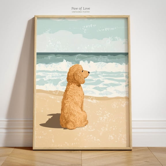 Beach Doodle Goldendoodle Summer Dog Coastal Decoration Painted Wall Art, Unframed Poster