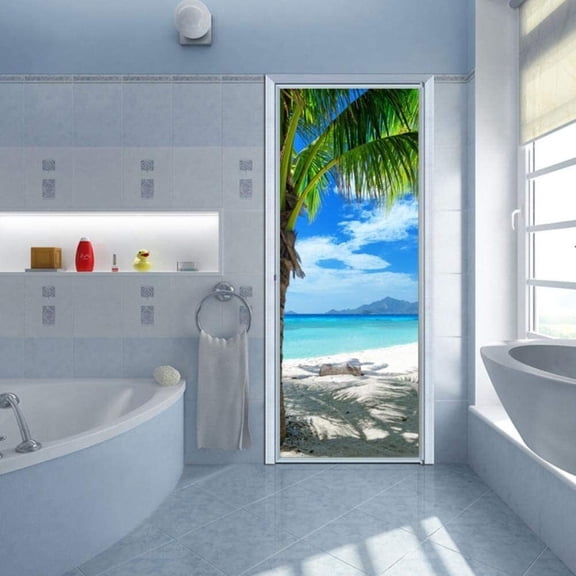Beach Door Wallpaper Self-Adhesive Door Poster Photo Wallpaper Door Film Poster Wallpaper Sea Sticker DIY Self-Adhesive Mural PVC Waterproof Wallpaper