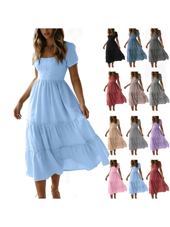 Beach Dress Plus Size Ndbuld Fashion Women Summer Casual Solid Short Sleeve Elastic Waist Mid-Claf Dress Light Blue XXL