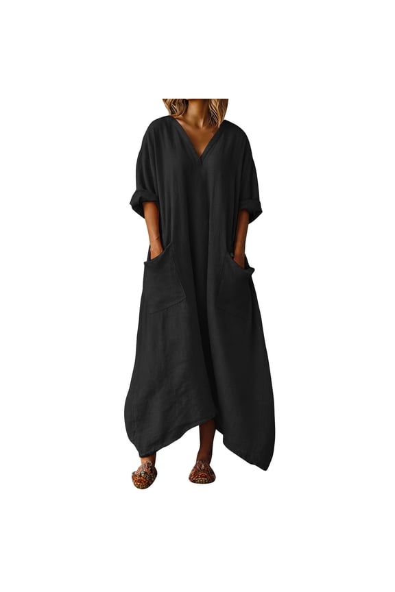 Beach Dress Sevevn Women's Linen Maxi Dress Oversized V Neck Kaftan with Pockets Asymmetric Hem Dress for Summer Black S