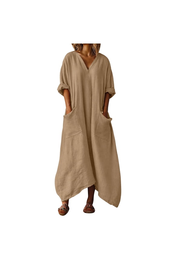 Beach Dress Sevevn Women's Linen Maxi Dress Oversized V Neck Kaftan with Pockets Asymmetric Hem Dress for Summer Khaki 2XL