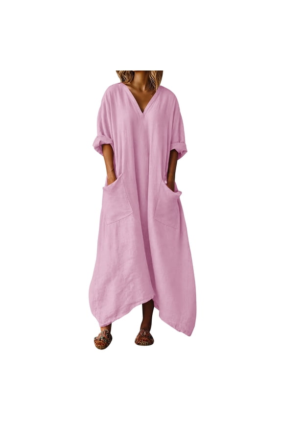 Beach Dress Sevevn Women's Linen Maxi Dress Oversized V Neck Kaftan with Pockets Asymmetric Hem Dress for Summer Pink S