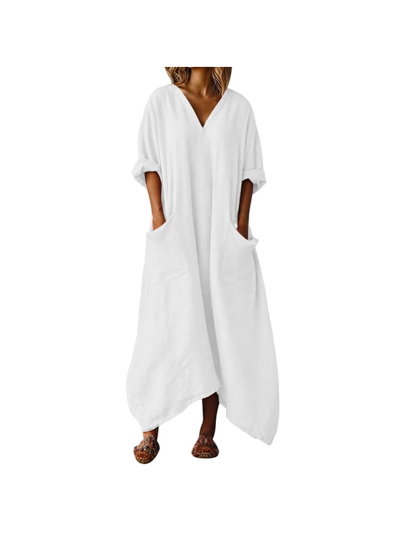 Beach Dress Sevevn Women's Linen Maxi Dress Oversized V Neck Kaftan with Pockets Asymmetric Hem Dress for Summer White L