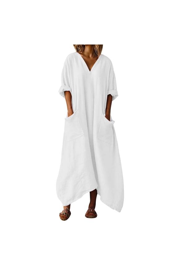 Beach Dress Sevevn Women's Linen Maxi Dress Oversized V Neck Kaftan with Pockets Asymmetric Hem Dress for Summer White L