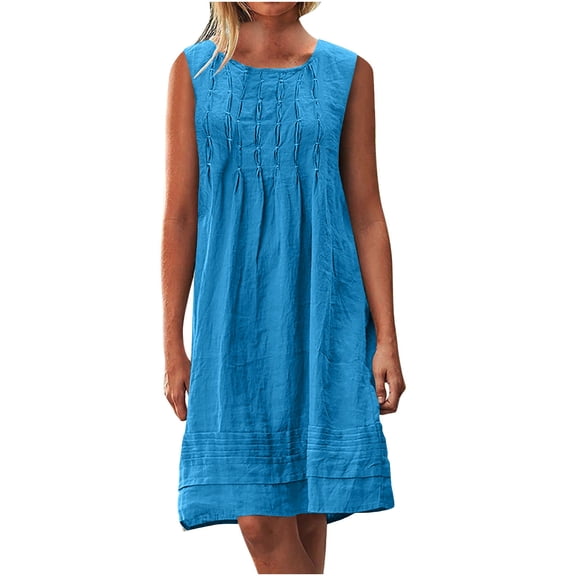 Beach Dress Sevevn Women's Round Neck Sleeveless Pleated Solid Linen Loose Fitting Dress Sundresses For Women 2025