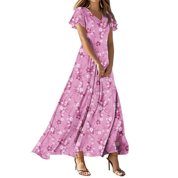 Beach Dress For Wedding Guest, Easter Dresses Chiffon Floral Short Sleeve Ruffle V Neck Flowy Maxi Dress Casual Women Date Night Dresses Midi Formal Dresses Cocktail Dresses (XS, Purple) ZMTing
