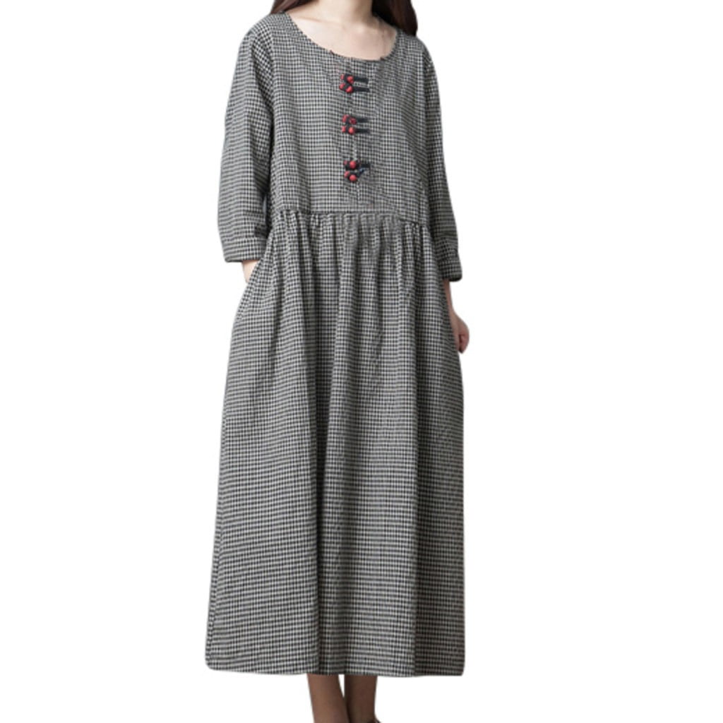 Beach Dress Women Long Dress Big Code Girl Japanese Style Linen Long Sleeve Checked Dress Women S Formal Dresses Long Dresses For Women Black Tie