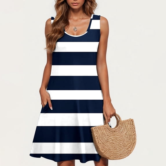 Beach Dress Womens Summer Casual Dresses Sleeveless Women's Casual Plus-Size Sleeveless Crew Neck Striped Short Dress Navy S
