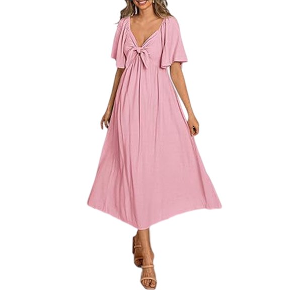 Beach Dress for Women Casual and Flattering Ruffle Short Sleeve V Neck Solid Color Party Dresses