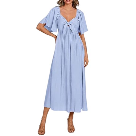 Beach Dress for Women Casual and Flattering Ruffle Short Sleeve V Neck Solid Color Party Dresses
