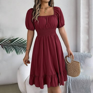 Beach Dress for Women Women's Fashionable Retro Solid Color Square Collar Fungus Hem Waist A-line Long Skirt