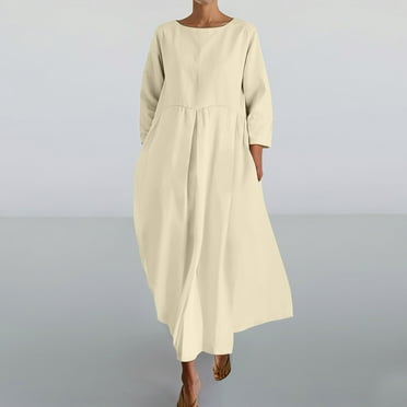 Beach Dress for Women Women's Fashionable Solid Color Round Neck Three Quarter Sleeved Loose Hem Pocket Dress