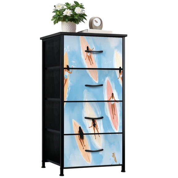 Beach Dresser for Bedroom with 4 Storage Drawers Beach Beach Themed Seascapes Surfers Surfboards Ocean Clouds Dressers Chest of Drawers Steel Framed Fabric Closet Organizers for Entryway