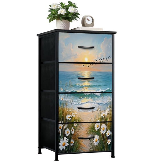 Beach Dresser for Bedroom with 4 Storage Drawers Beach Coastal Seaside Flowers Landscape Sunset Ocean Waves Dressers Chest of Drawers Steel Framed Fabric Closet Organizers for Entryway