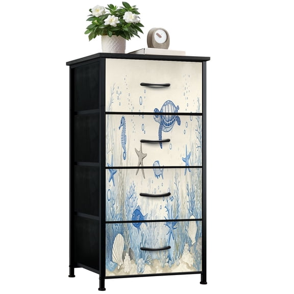 Beach Dresser for Bedroom with 4 Storage Drawers Blue Sea Turtle Starfish Nautical Ocean Coral Seahorse Dressers Chest of Drawers Steel Framed Fabric Closet Organizers for Entryway Beach Lover Gifts
