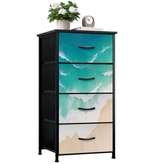 Beach Dresser for Bedroom with 4 Storage Drawers Coastal Blue Summer Ocean Waves Water Sand Dressers Chest of Drawers Steel Framed Fabric Closet Organizers for Entryway Beach Lover Gifts