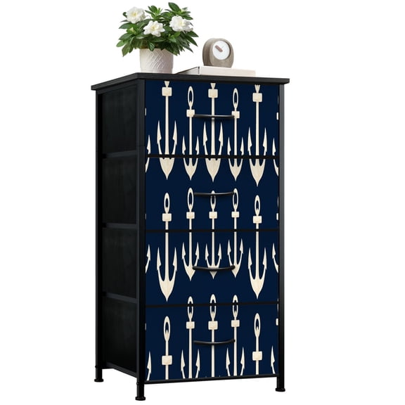 Beach Dresser for Bedroom with 4 Storage Drawers Coastal Nautical Navy Blue Anchor Minimalistic Dressers Chest of Drawers Steel Framed Fabric Closet Organizers for Entryway Beach Lover Gifts