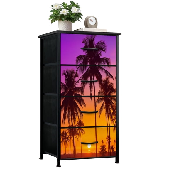 Beach Dresser for Bedroom with 4 Storage Drawers Hawaiian Beach Tropical Palm Tree Ocean Scene Palm Trees Sunset Dressers Chest of Drawers Steel Framed Fabric Closet Organizers for Entryway