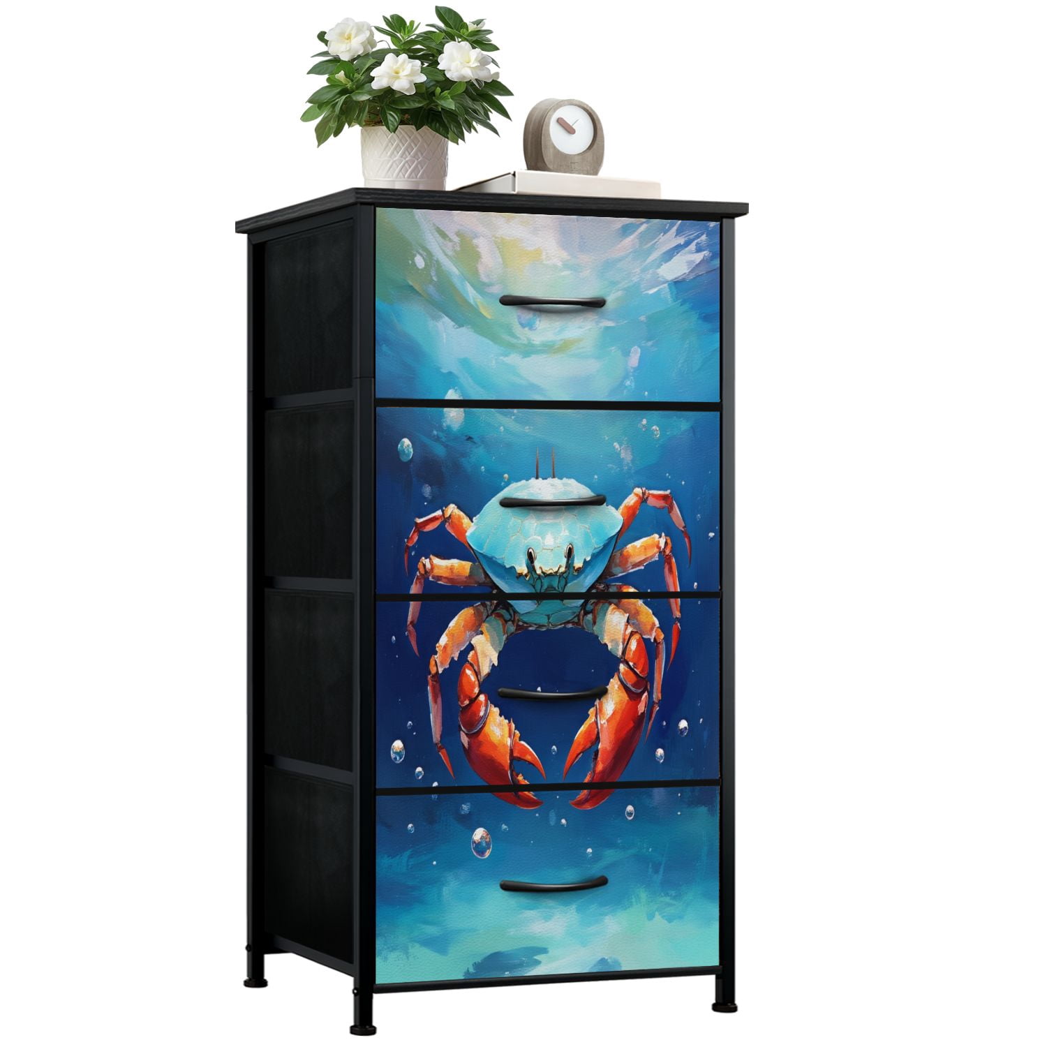 Beach Dresser for Bedroom with 4 Storage Drawers Nautical Blue Abstract Modern Marine Beach Crab Underwater Bright Dressers Chest of Drawers Steel 