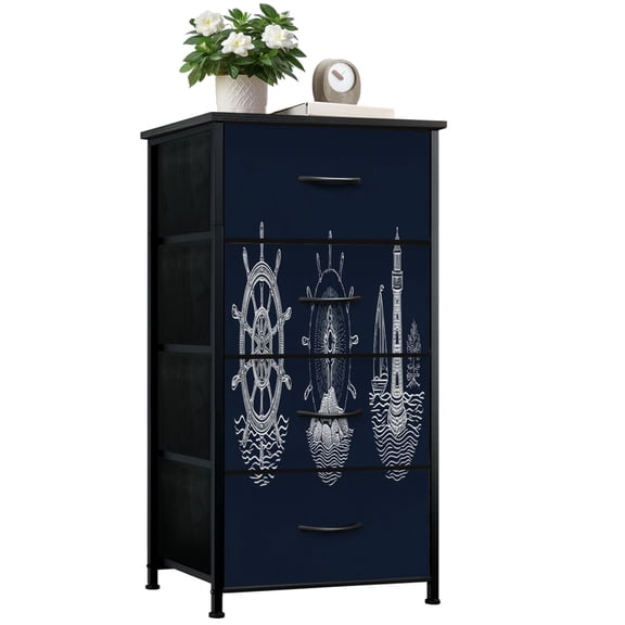 Beach Dresser for Bedroom with 4 Storage Drawers Nautical Coastal Beach Anchor Helm Sailboat Lighthouse Dressers Chest of Drawers Steel Framed Fabric Closet Organizers for Entryway Beach Lover Gifts