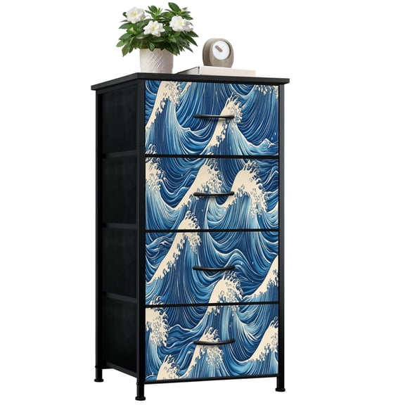 Beach Dresser for Bedroom with 4 Storage Drawers Ocean Wave Rustic Sea Wave Crests Japanese Dressers Chest of Drawers Steel Framed Fabric Closet Organizers for Entryway Beach Lover Gifts