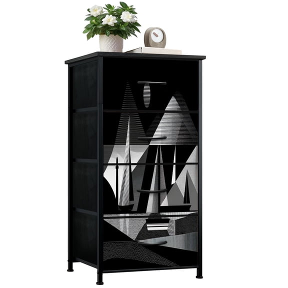 Beach Dresser for Bedroom with 4 Storage Drawers Sailboat Lighthouse Shapes Minimalistic Black white Dressers Chest of Drawers Steel Framed Fabric Closet Organizers for Entryway Beach Lover Gifts