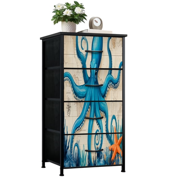 Beach Dresser for Bedroom with 4 Storage Drawers Sea Ocean Ocean Life Coastal Beach Tropical Dressers Chest of Drawers Steel Framed Fabric Closet Organizers for Entryway Beach Lover Gifts