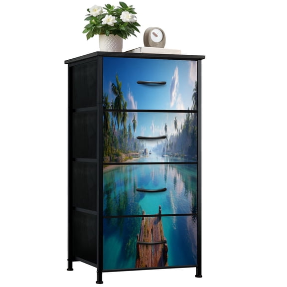 Beach Dresser for Bedroom with 4 Storage Drawers Tropical Paradise Beach Sea Palm Trees Wooden Dock Dressers Chest of Drawers Steel Framed Fabric Closet Organizers for Entryway Beach Lover Gifts