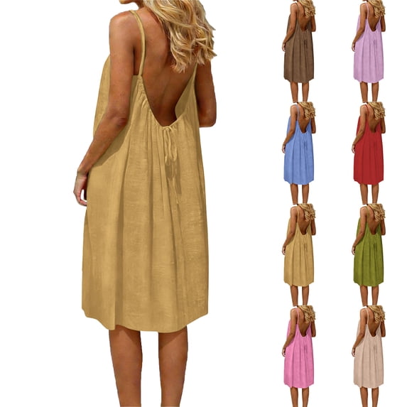 Beach Dresses Fashion Women Summer Round-Neck Casual Solid Sleeveless Sleepshirts Sling Backless Dress Yellow Xxxl