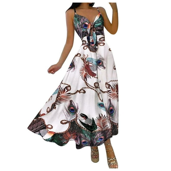 Beach Dresses for Women Casual Summer, Women's Tie Front V Neck Cami Long Dress Leopard/Floral Print Spaghetti Strap Button Down A-Line Backless Swing Maxi Dress