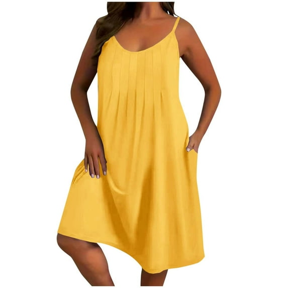Beach Dresses for Women Fashion Solid Color Large Round Neck Sleeveless Dress With Strap And Round Neck Dress Loose Flowy Beach Sundress Gold (Size:L-5XL)