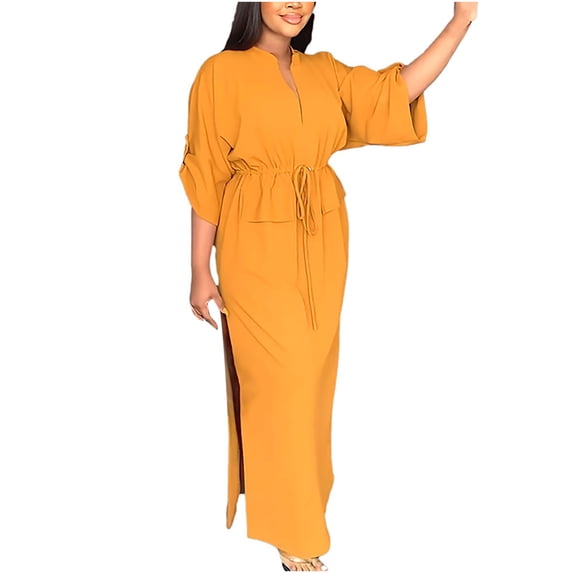 Beach Dresses for Women Loose Fitting Waistband Slip Dress Casual Fall Waffle Knit Work Dress V-Neck Solid Color Long Sleeved Side Slit Summer Dress Yellow L