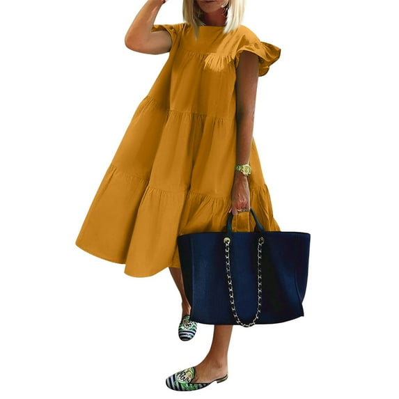 Beach Dresses For Women, Tank Casual Crew Neck Ruffle Flutter Sleeve Elegant Classy Party Dress Green Maternity Cocktail Dresses Women 2025 Semi Formal Dresses Cocktail Maxi (M, Yellow) ZMTing