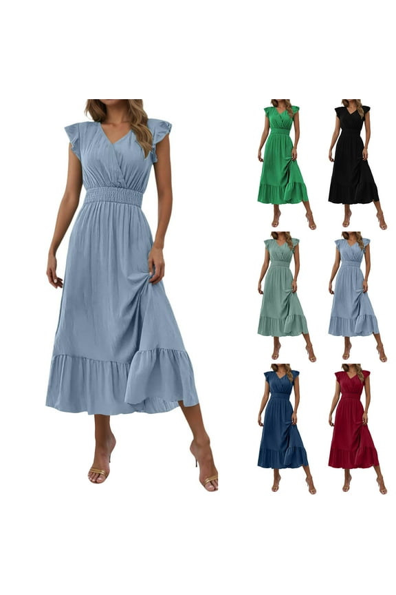 Beach Dresses for Women Bohemian Solid V-Neck Long Beach Sun Dress Sleeveless Solid Maxi Dress Floral Vocation Beach Sundress